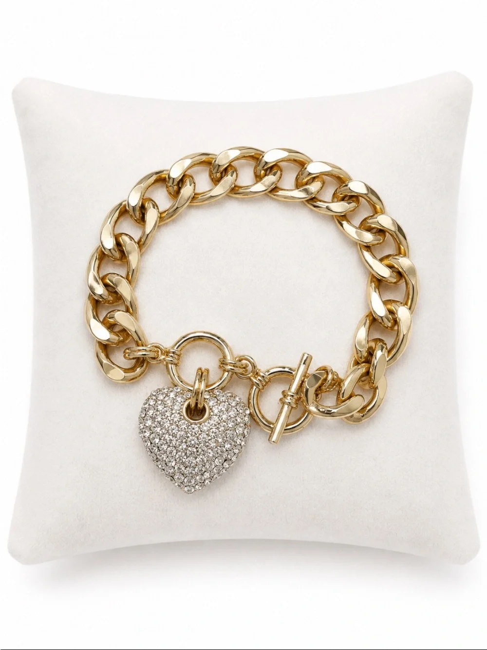 Gold-Tone Chunky Curb Chain Crystal Pavé Heart Charm Toggle Bracelet